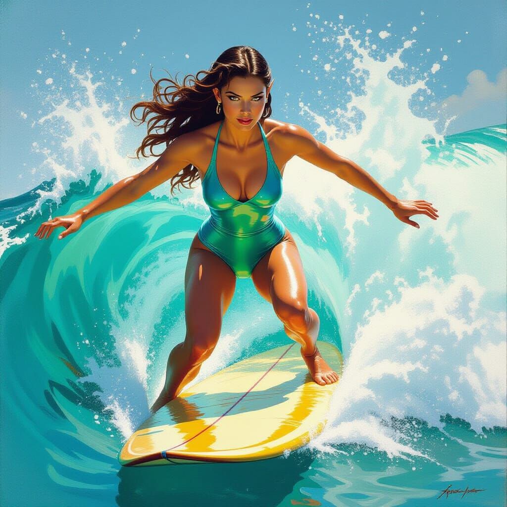 Elf Surfer Rides a Crashing Wave: Oil Painting