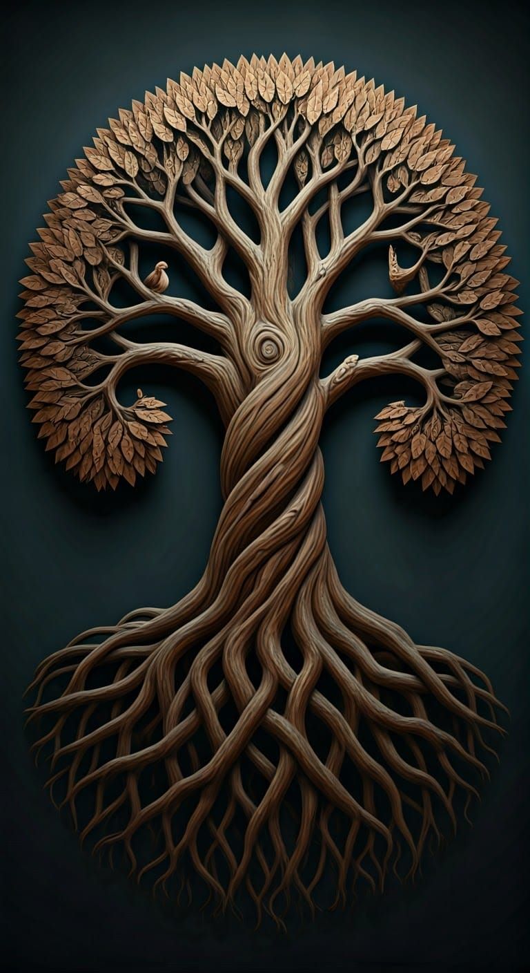 Ancient Carved Tree with Animal Leaves