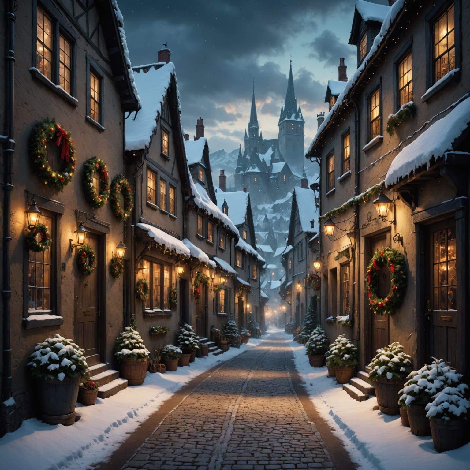Epic Snowy Village Street Scene with Lights and Wreaths