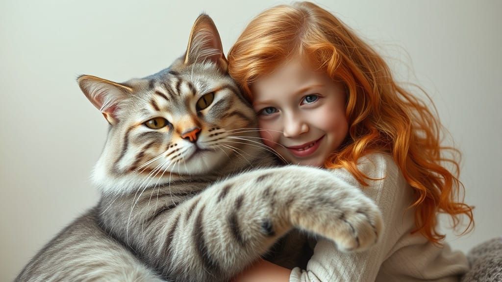 Girl Hugging a Giant Silver Tabby Cat