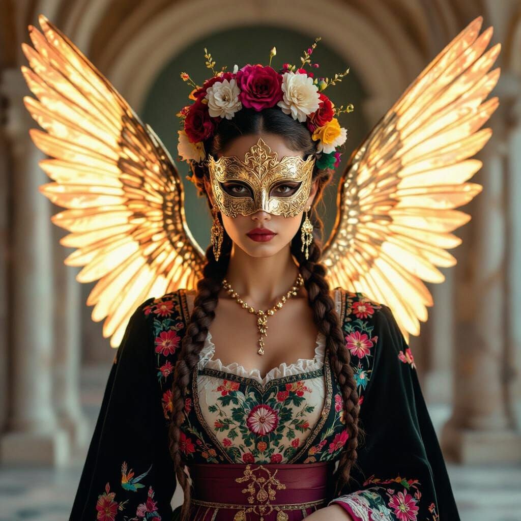 Regal Woman with Ethereal Wings in Renaissance Setting