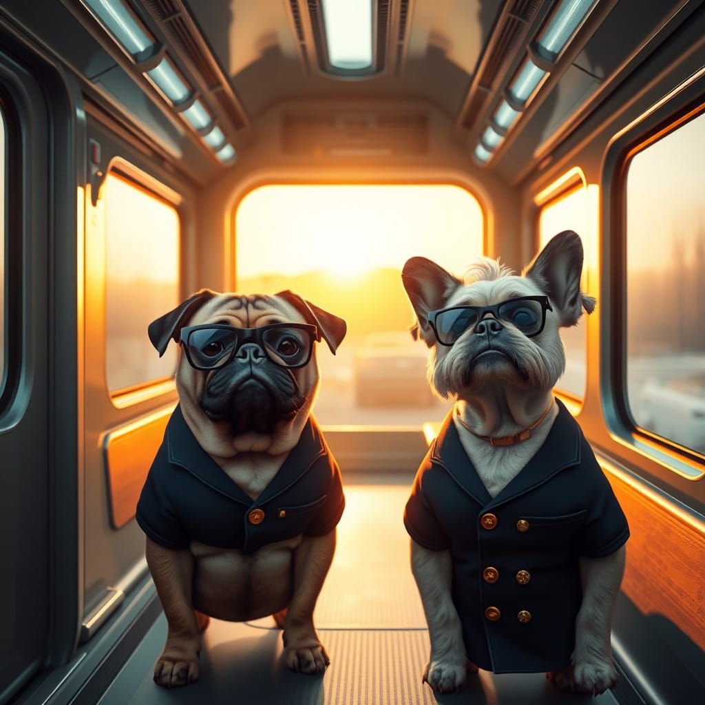 Ticket Inspectors on a Modern Train: Pug and Maltese in Navy...