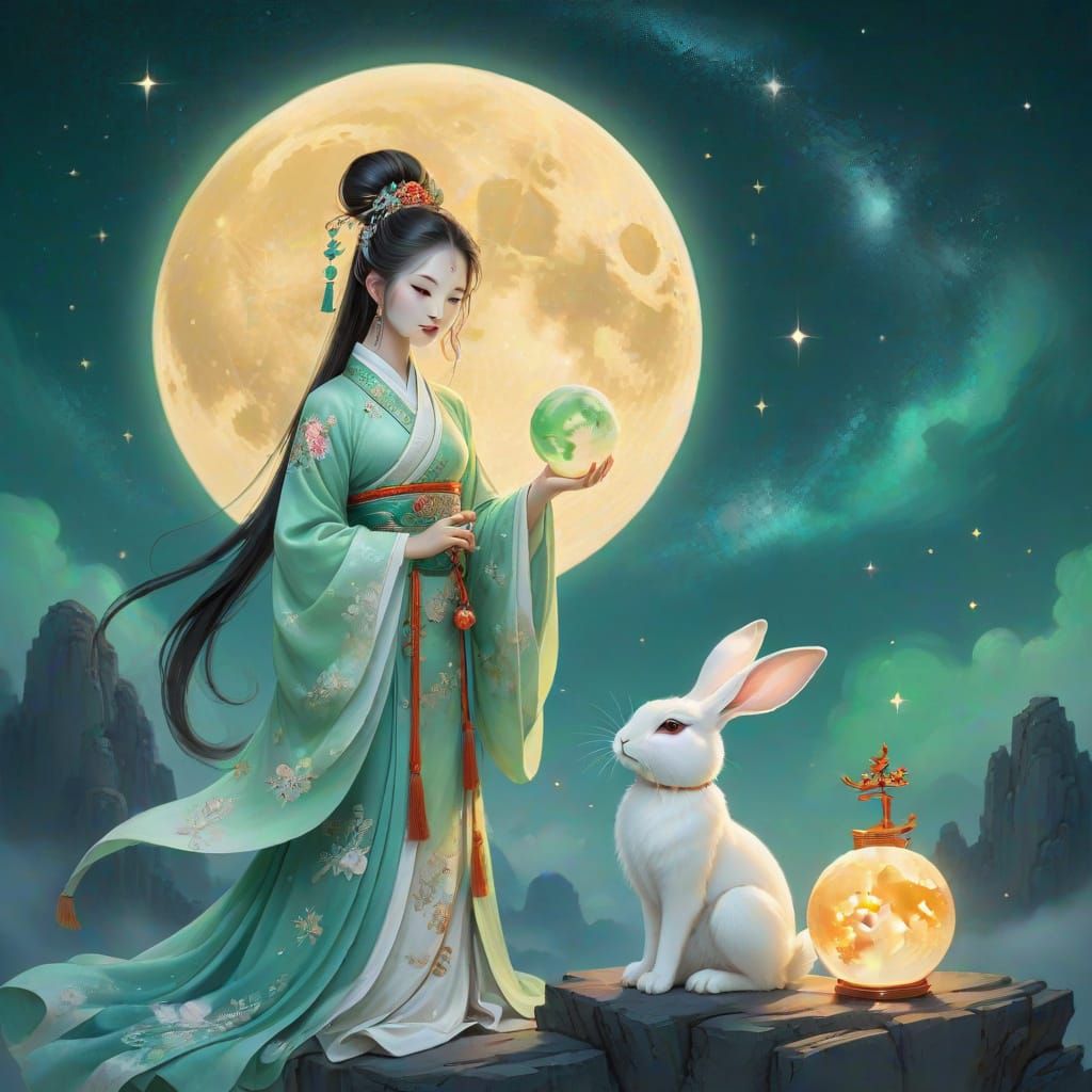 Chang'e and Jade Rabbit Under Celestial Moon