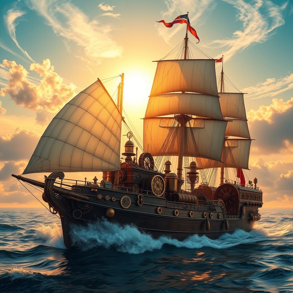 Steampunk Sailing Ship Amidst Swirling Clouds