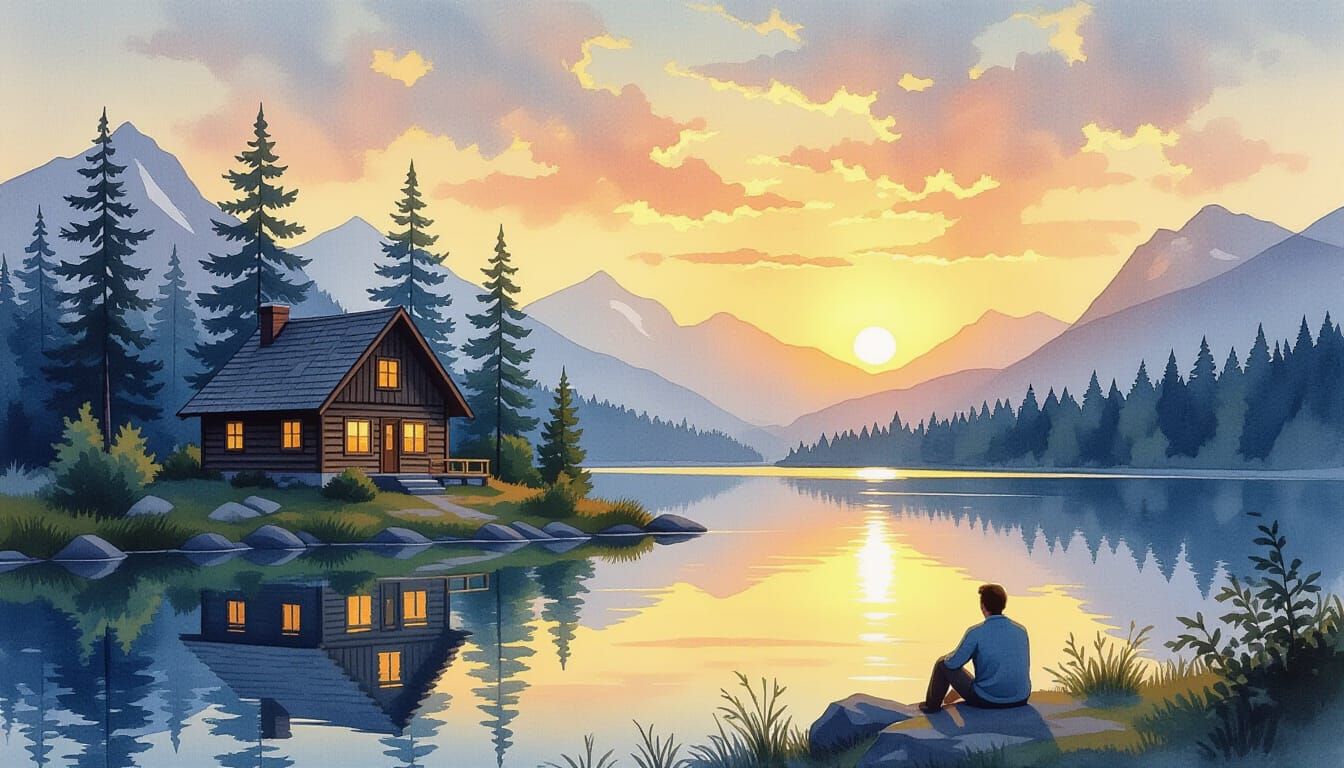 Serene Mountain Cabin by Lake at Sunset Watercolor