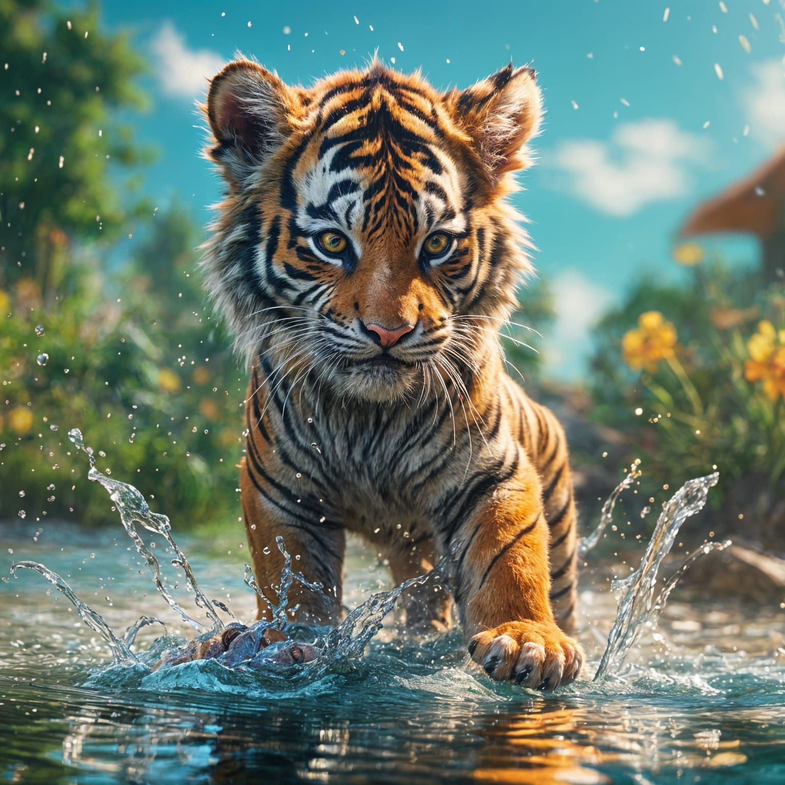Tiger Cub's Joyful Splash: Detailed Matte Painting