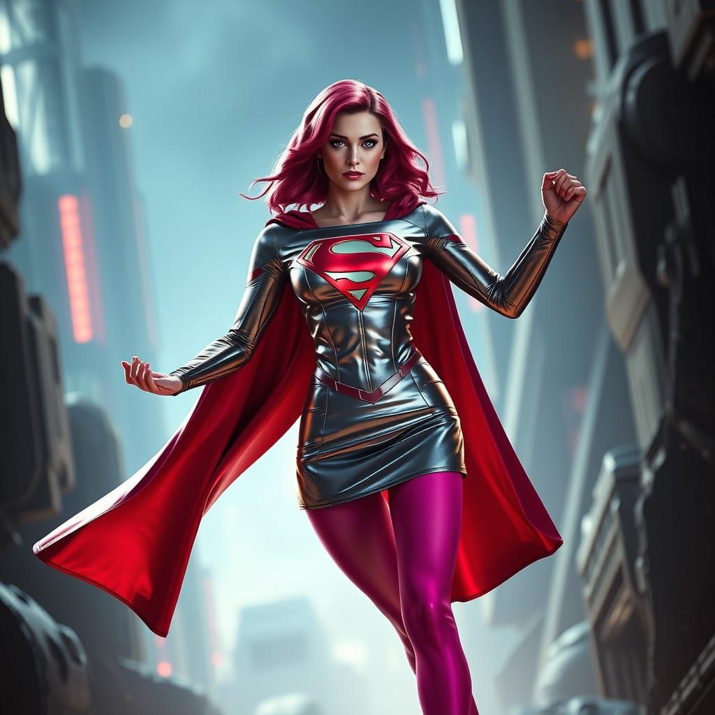 Supergirl in Metallic Dress with Pink Pantyhose