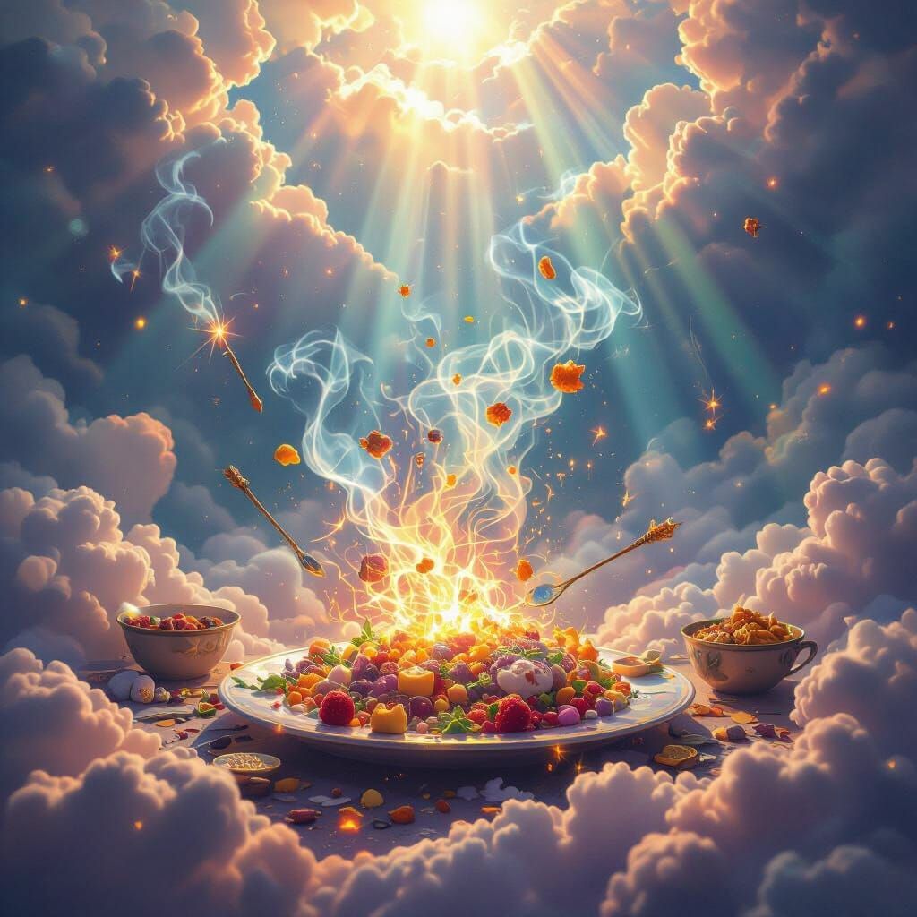 Magical Celestial Feast in Luminous Fantasy Art Style