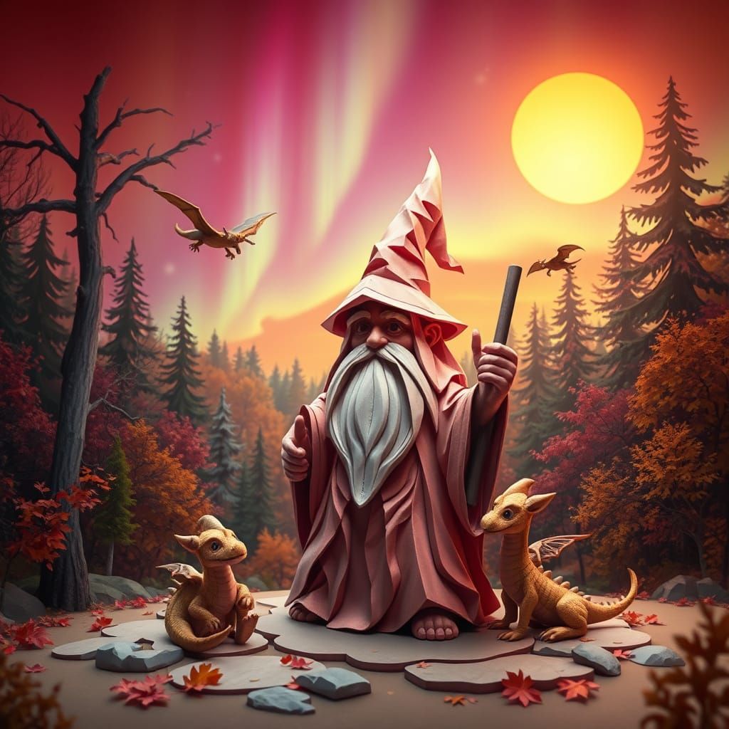Paper Wizard Sculpture in Autumn Forest