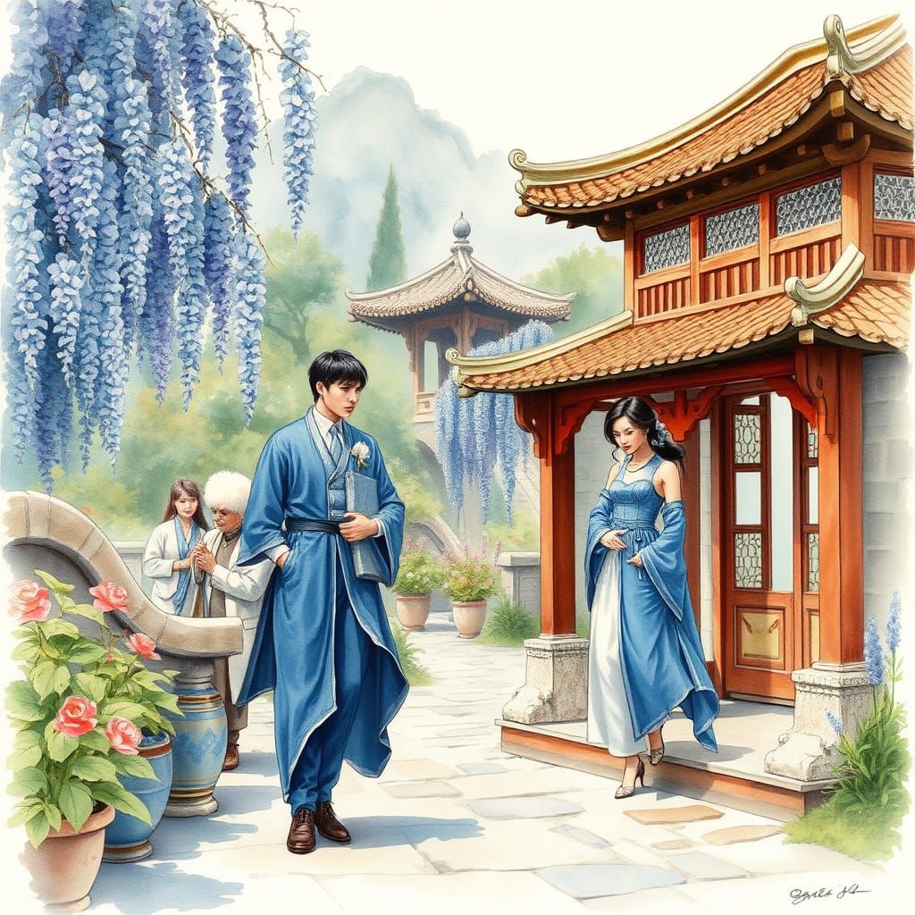 Fantasy Pagoda Garden with Wisteria in Watercolor Style