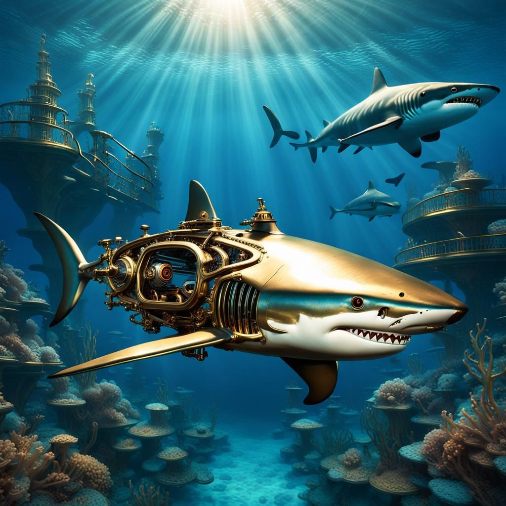 whimsical cyborg steampunk classic shark car gracefully cruising through the vibrant blue ocean depths
