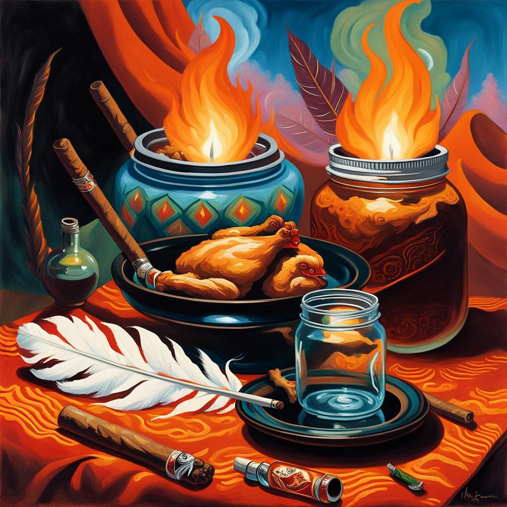 Macabre Still Life with Glowing Elements in Cloisonism