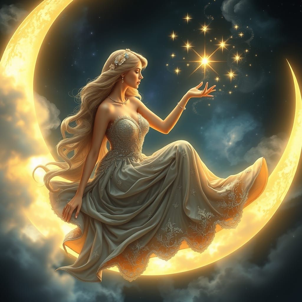 Moon Goddess Creates Celestial Magic on a Glowing Crescent M...