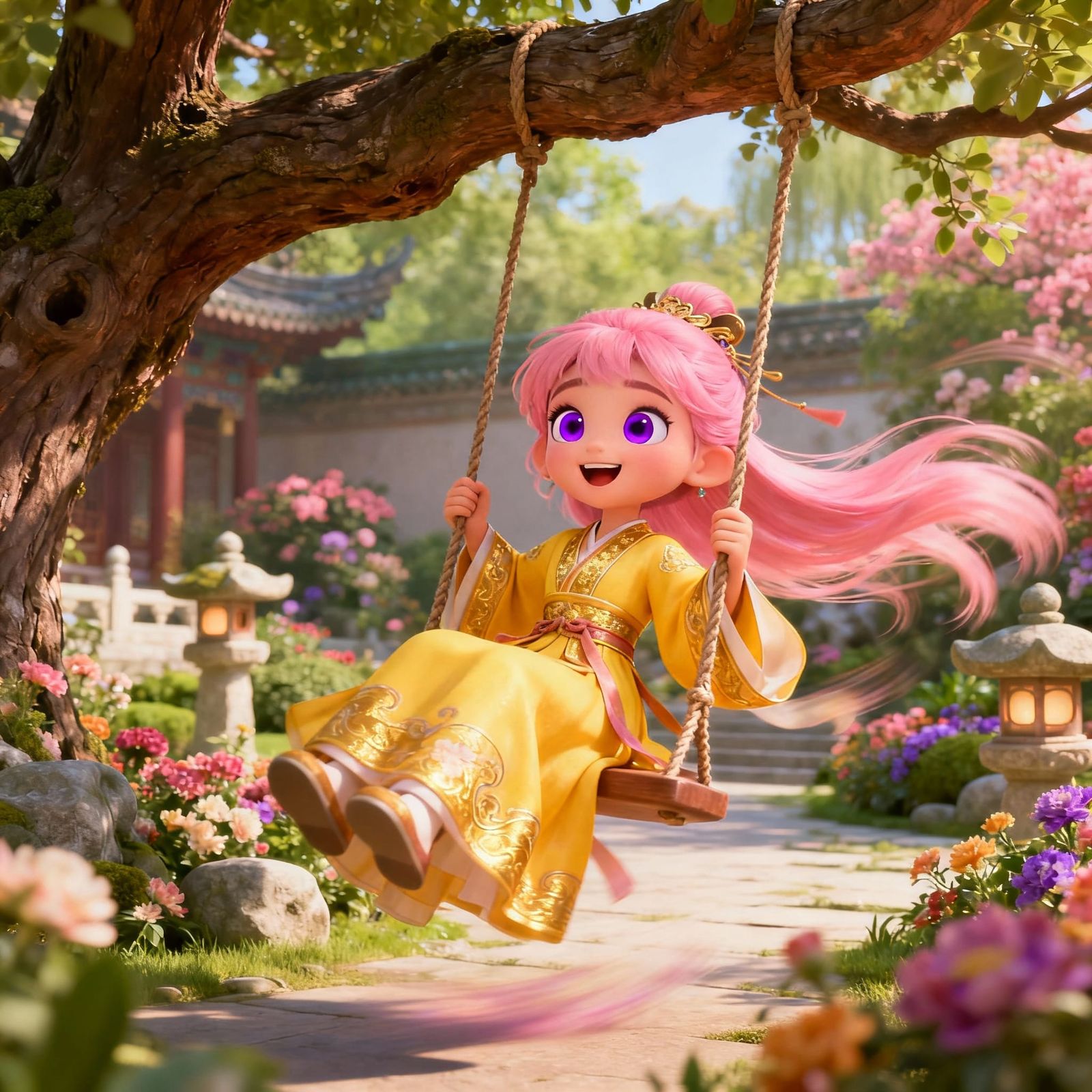 Pink Haired Girl Swings in Palace Garden