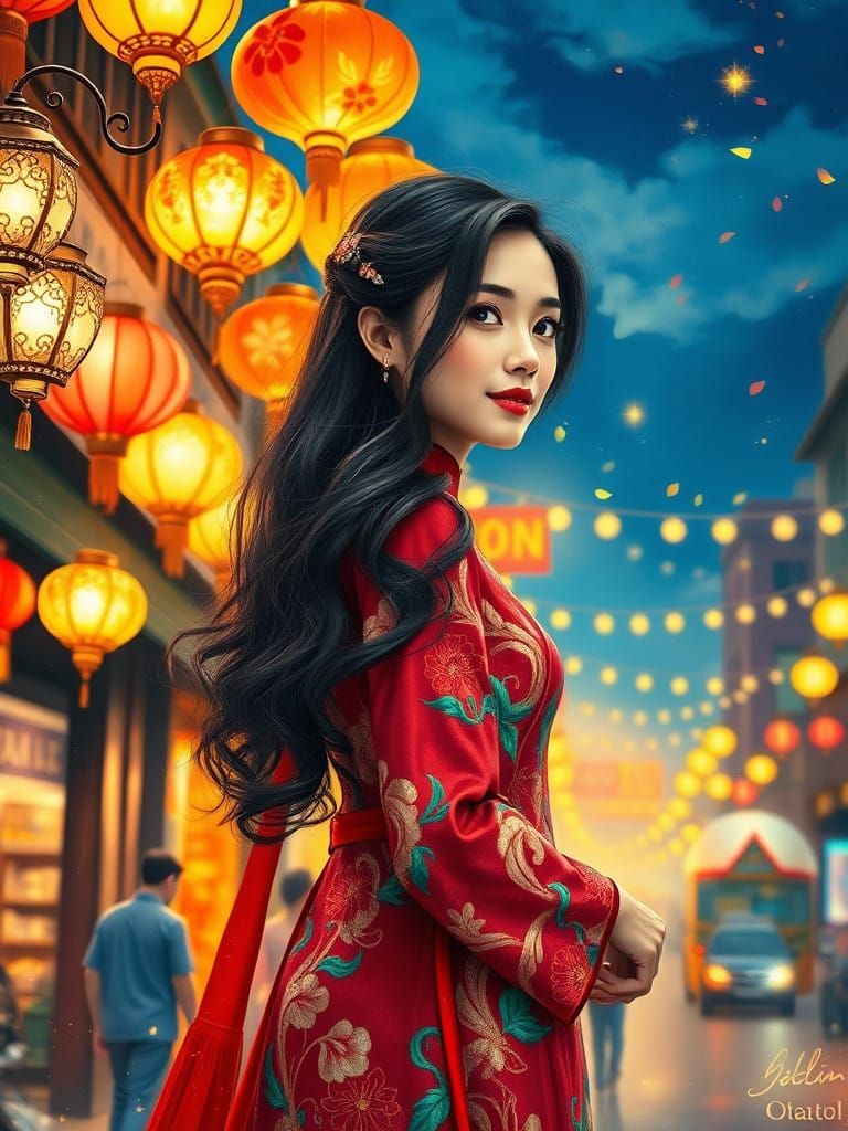 Vietnamese Woman in Traditional Ao Dai Dress, Surrounded by....