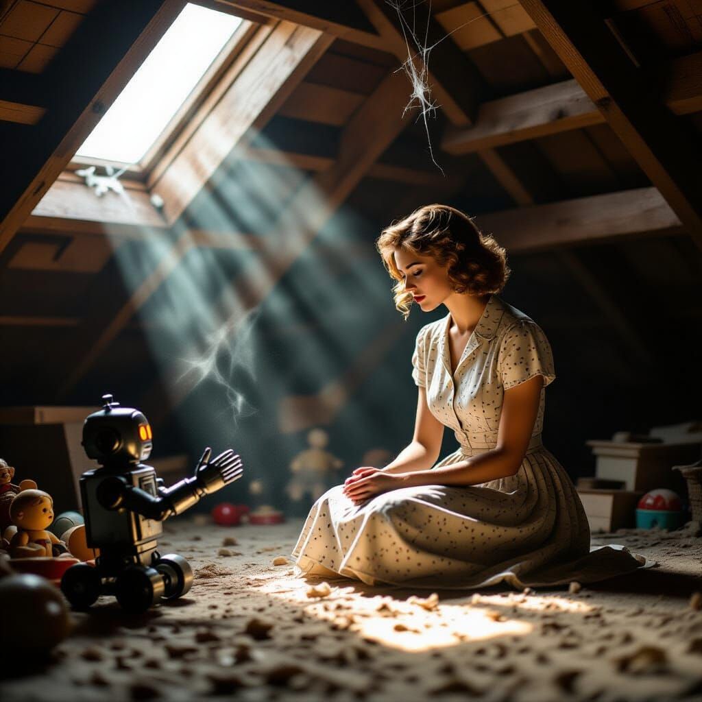 Lonely Woman in Dusty Attic, Vintage Photograph