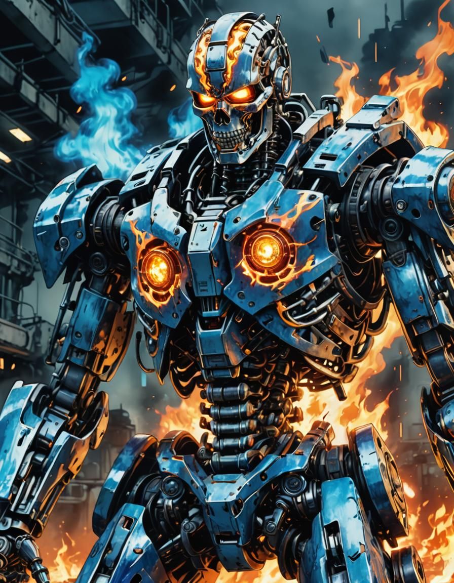 Cybernetic Endoskeleton in Flames: Anime Manga Style