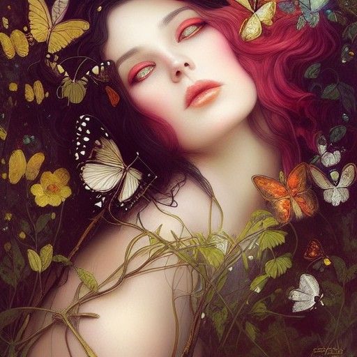 Graceful Goddess Portrait with Butterflies and Mushrooms