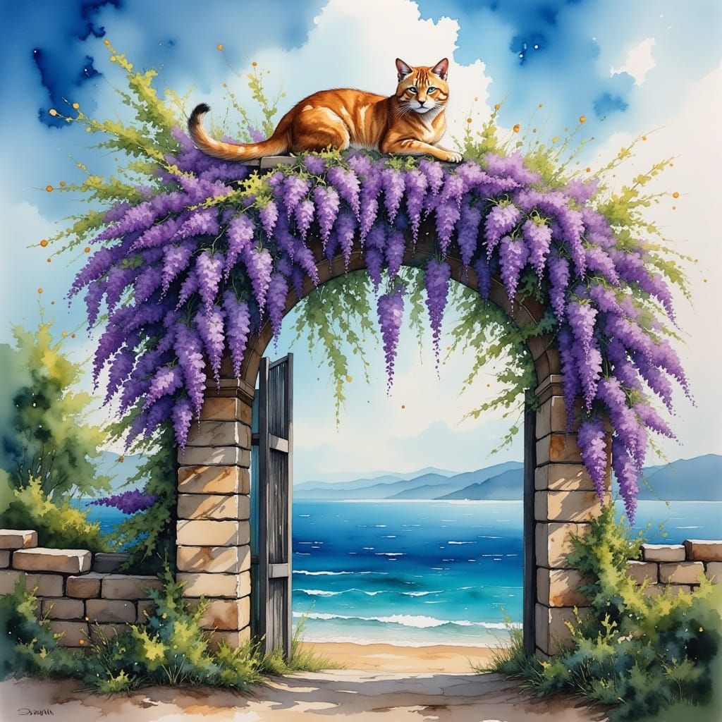 Cat on Wisteria Trellis with Sea View