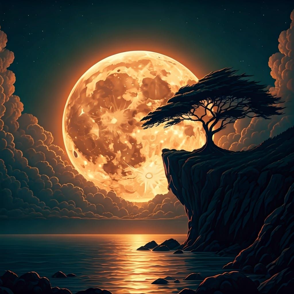 Dramatic Moonlit Landscape with Silhouetted Tree