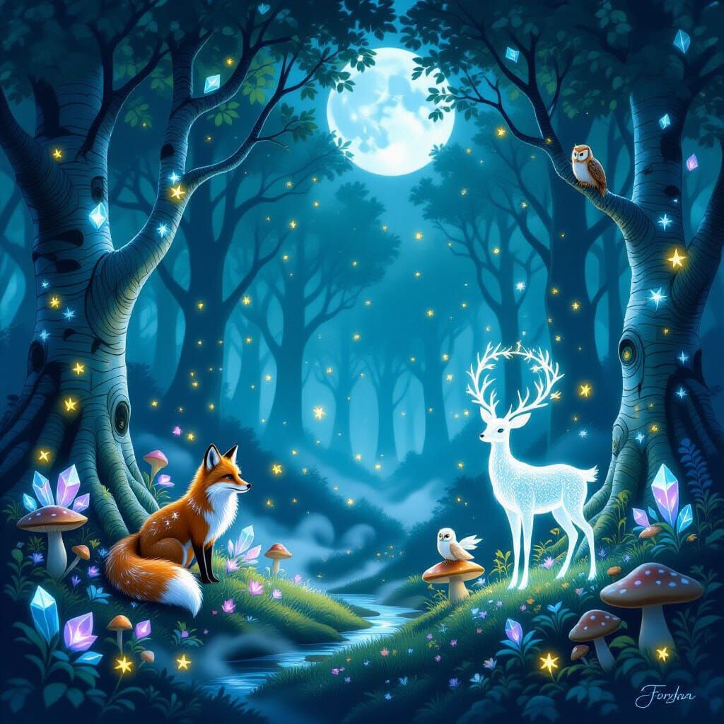 Magical Moonlit Forest Clearing with Ethereal Creatures
