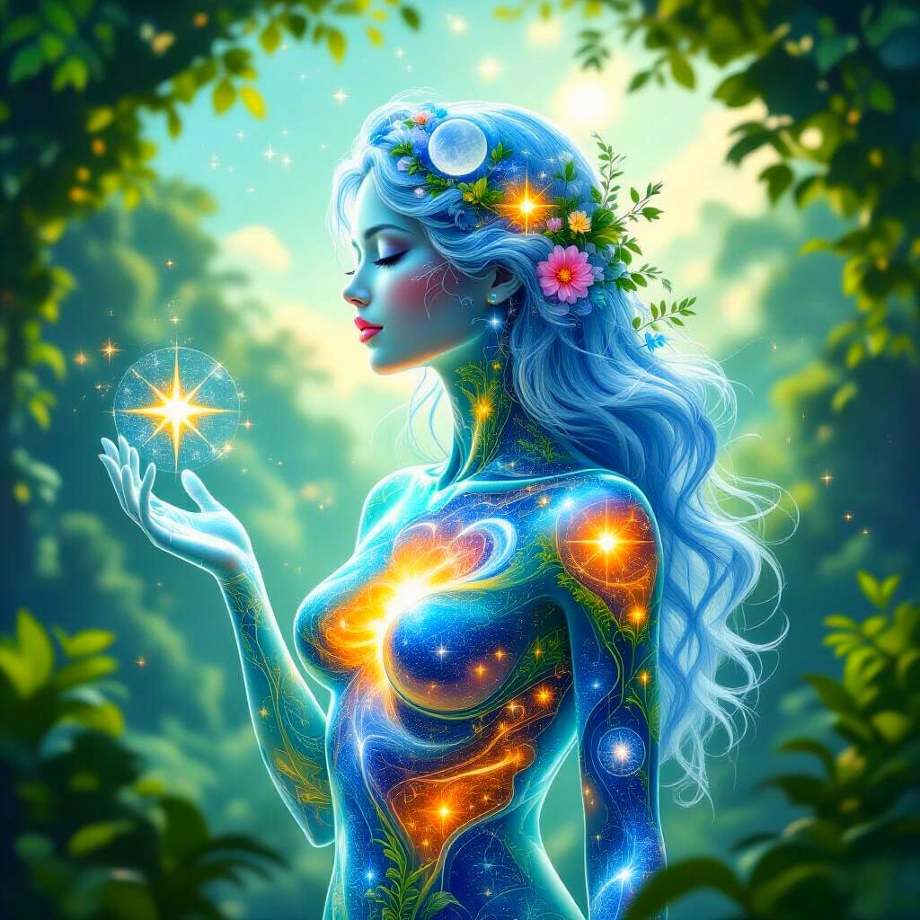 Ethereal Glass Woman with Internal Star Ecosystem as Digital...