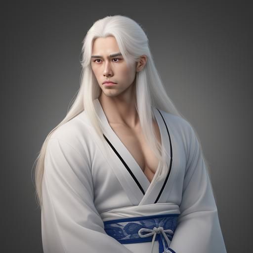 Handsome Man with White Hair in Hyperrealism Style