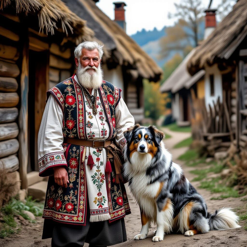 Valahian Man and Dog in Traditional Village, Folkloric Scene