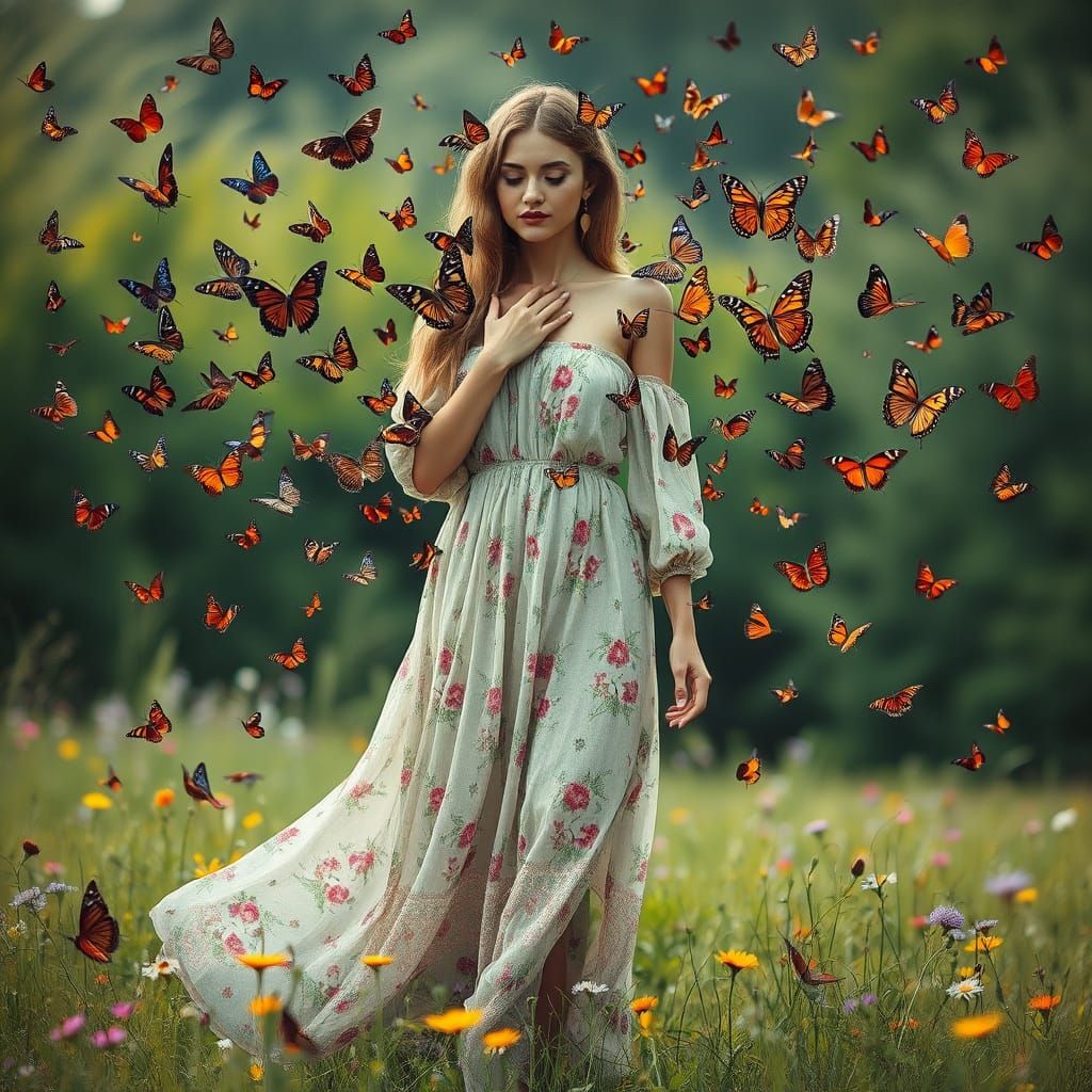 Woman Surrounded by Vibrant Butterflies in a Whimsical Meado...