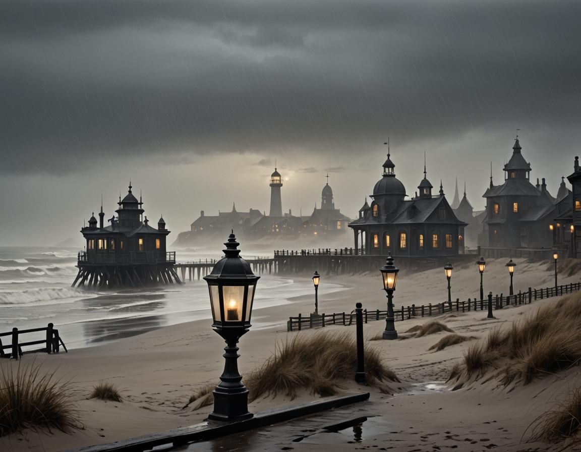 Gloomy Beach Scene Through Carriage Window