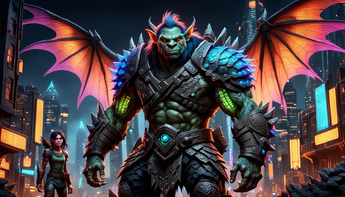 Troll Hunter and Fairy Team in Neon Cityscape