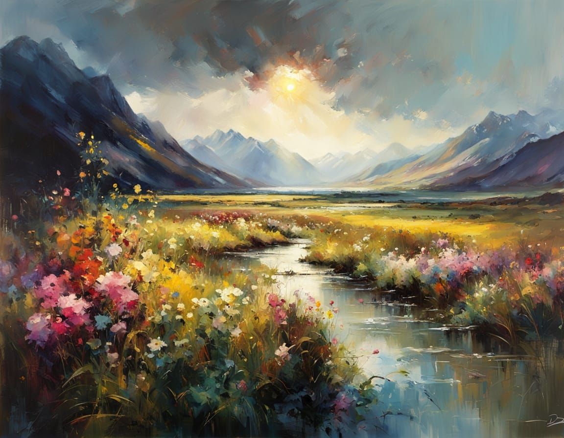 Surreal Oil Painting of Majestic Landscape with Dramatic Lig...