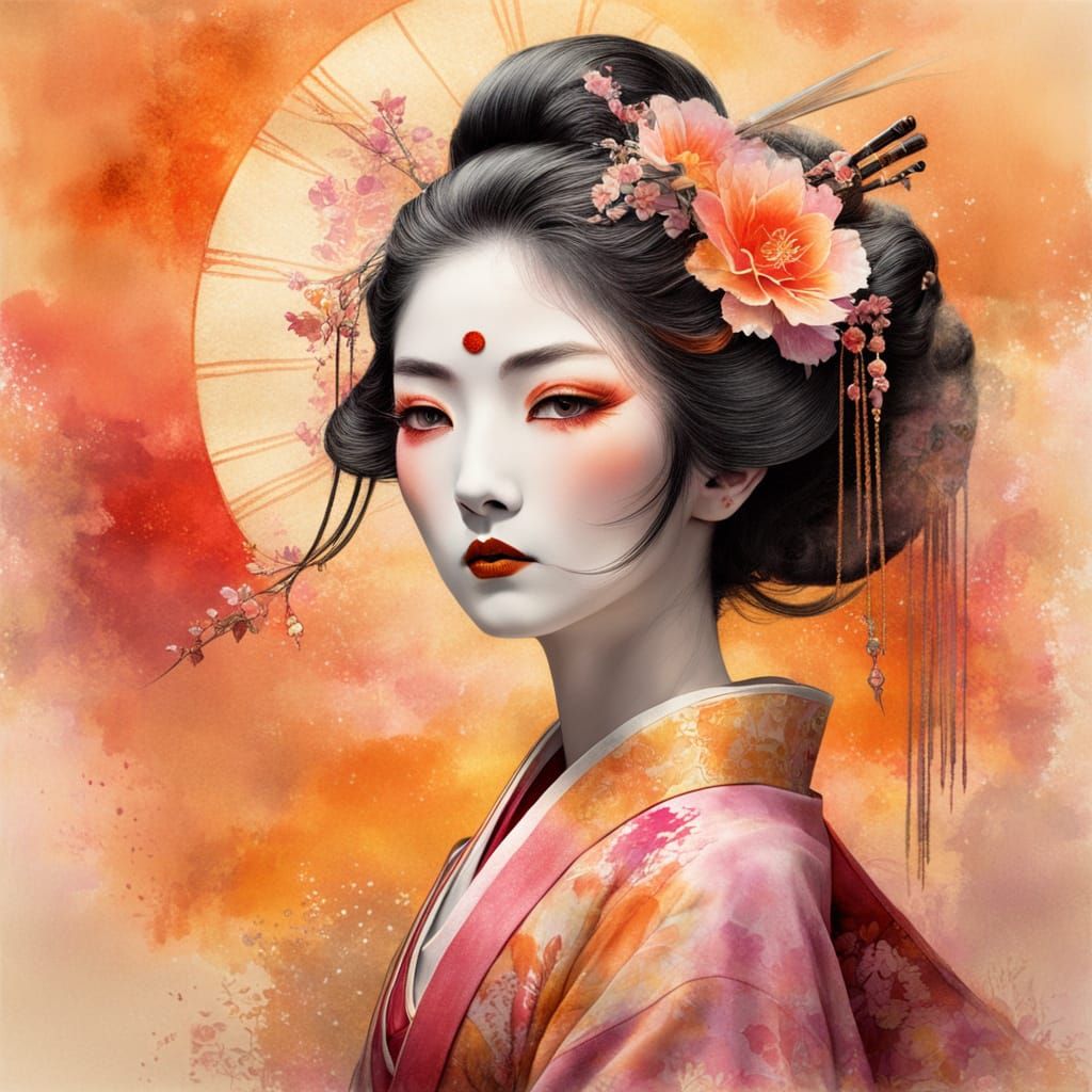 Geisha in Watercolor with Orange Sun