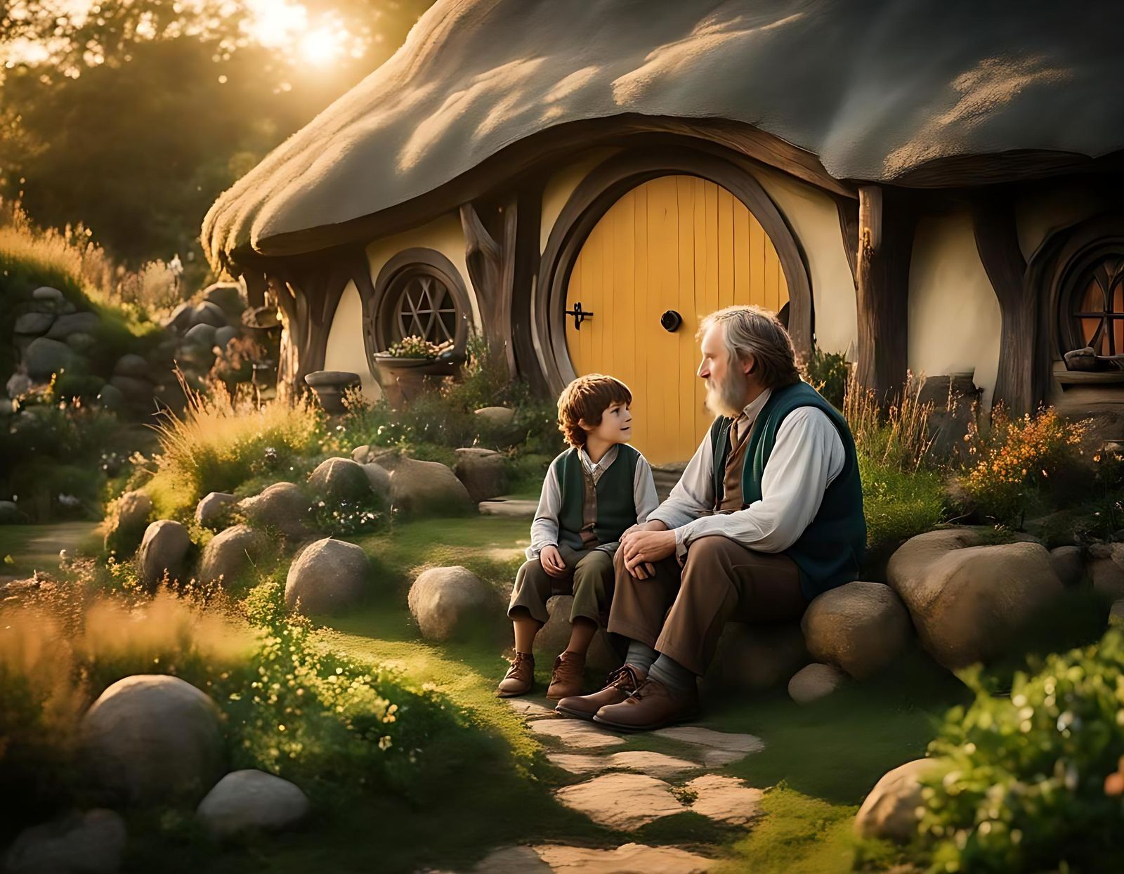 Hobbit Father and Son in Shire Garden