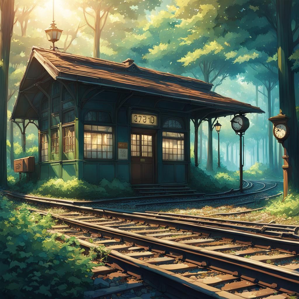 Abandoned Train Station in Ghibli Art Style