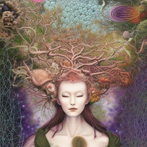 Human-Mycelium Hybrid in Forest, Fashion Magazine Art