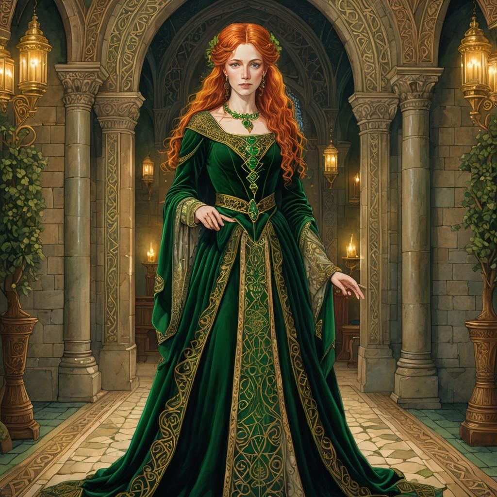 Medieval Woman in Emerald Velvet, Illuminated Manuscript Sty...