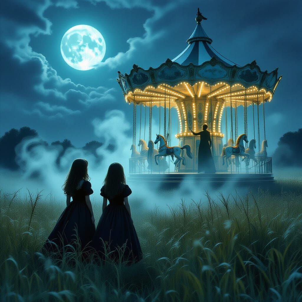 Gothic Girls See Haunted Carousel in Dark Fantasy Art