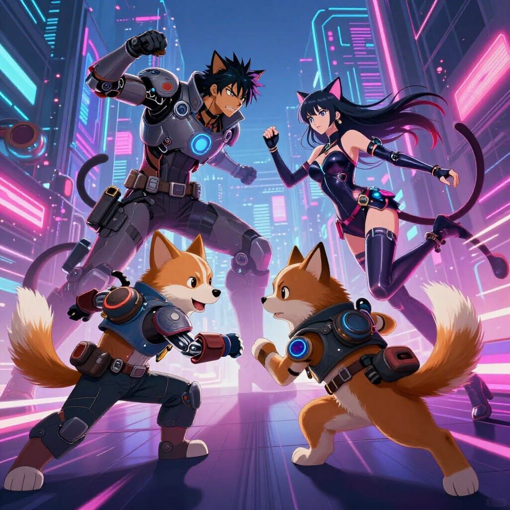 Cyberpunk Dog Boys vs Cat Girls Battle