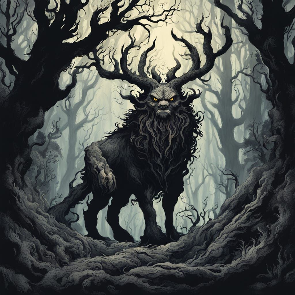 Mythical Beast in Dark Forest Oil Painting