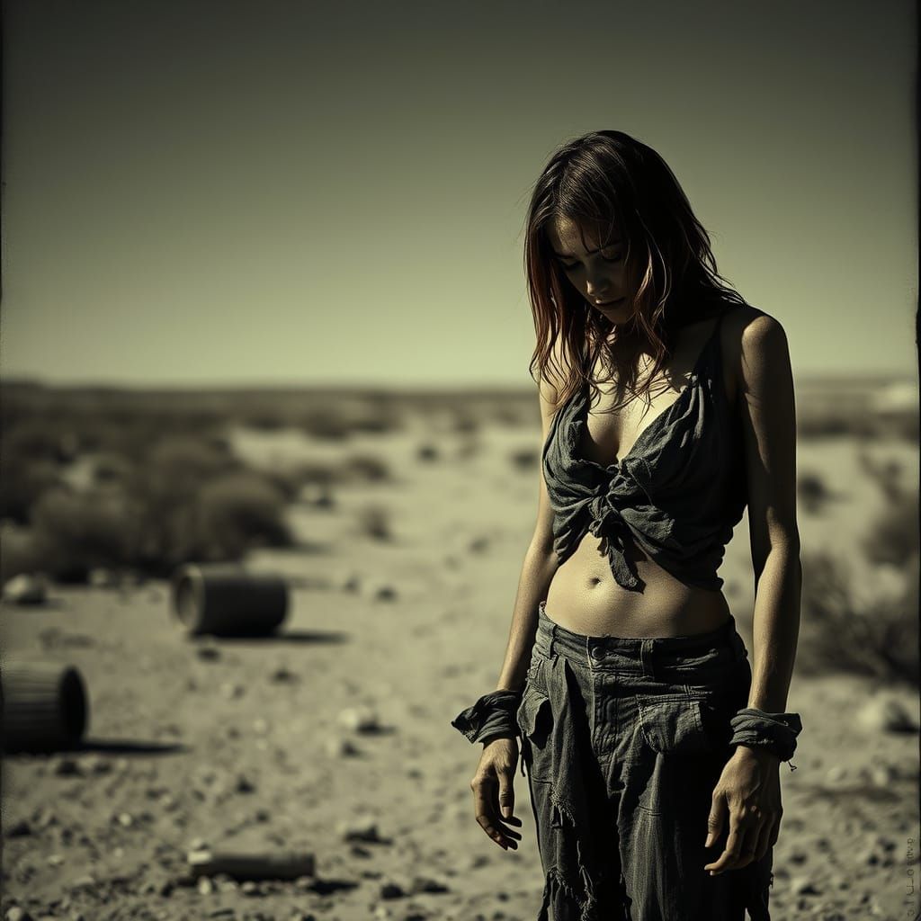 Despairing Female Figure in a Gritty, High-Contrast Landscap...