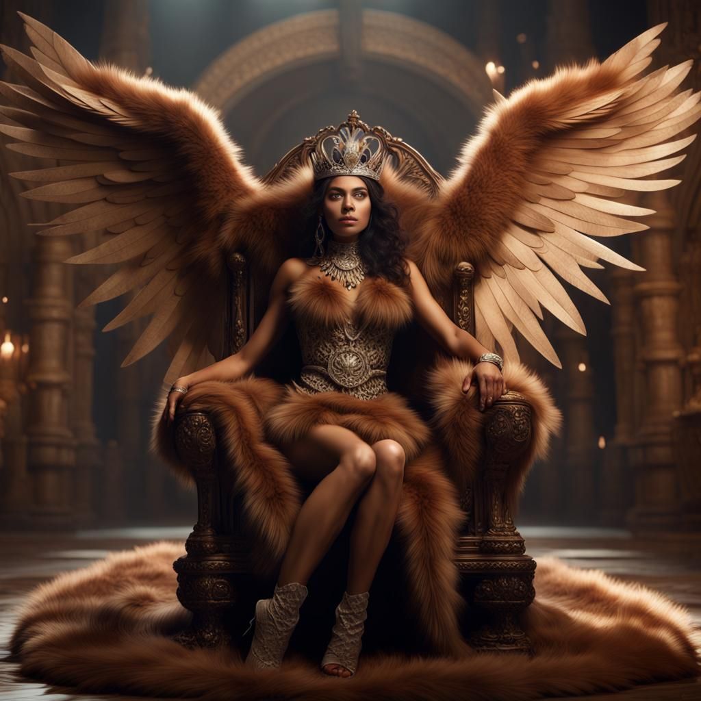 Amerindian Woman with Wings on Fur Throne