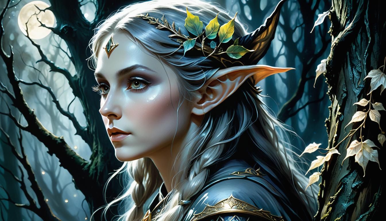 Mysterious Elf in Moonlit Wood: Fantasy Oil Painting