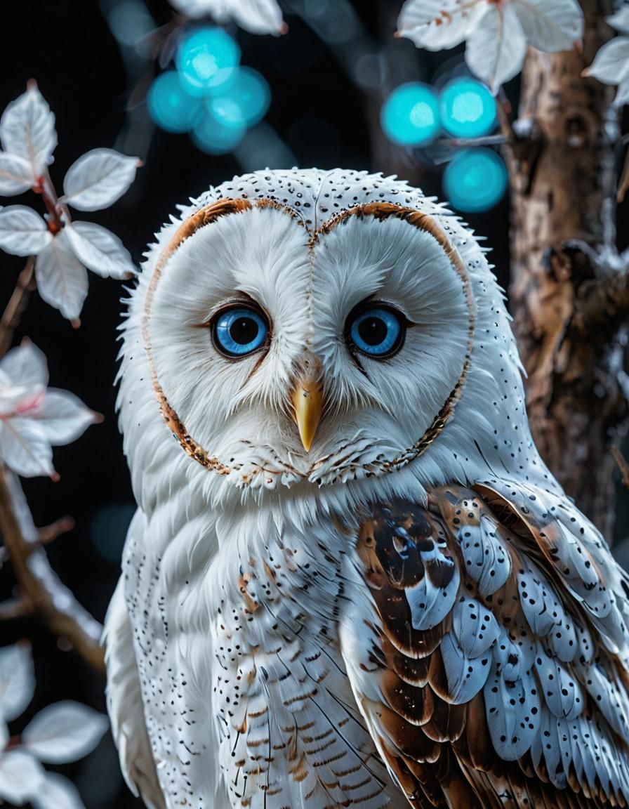 Holographic Barn Owl in Neon Lit Birch Forest