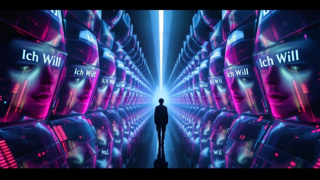 Surreal Figure Lost in Infinite Hall of Mirrors, Repeating '...