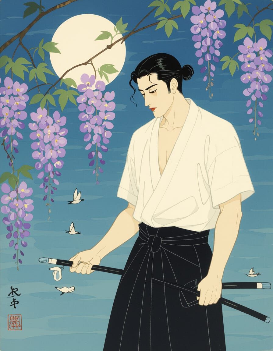 Male Beauty in Moonlight Under Wisteria