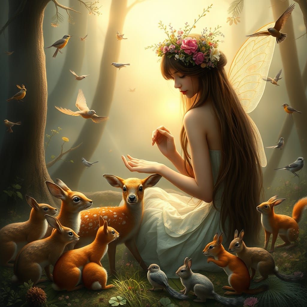 Enchanted Forest Fairy in Whimsical, Dreamlike Scene