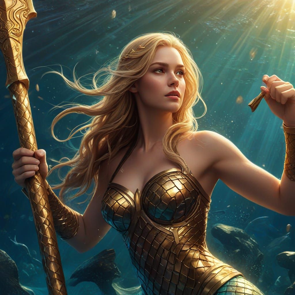 Mermaid Wielding Thor's Hammer in Digital Painting