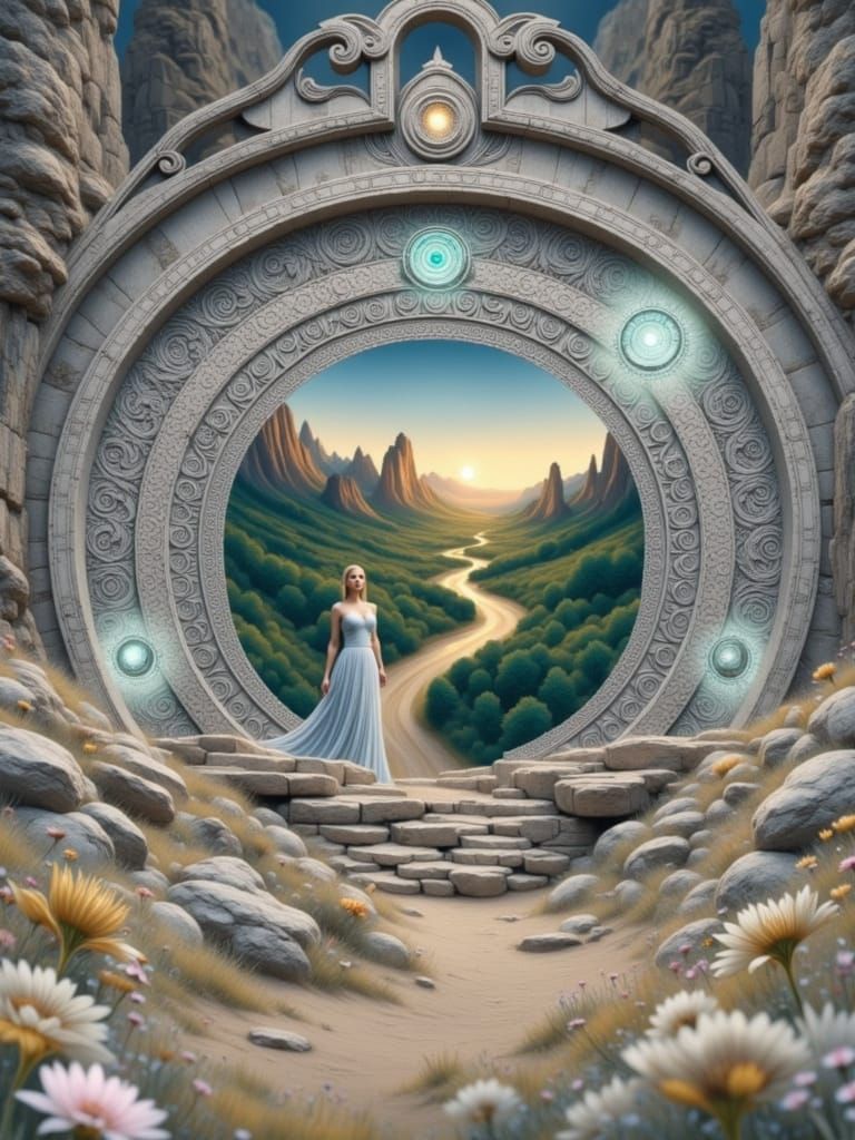 Mystical Stone Portal with Goddess in Fantasy Landscape