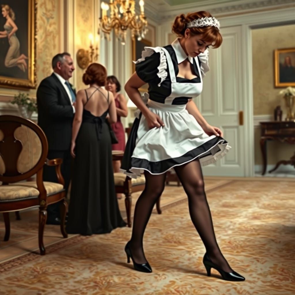 French Maid Showcasing Her Undergarments in a Luxury Drawing...